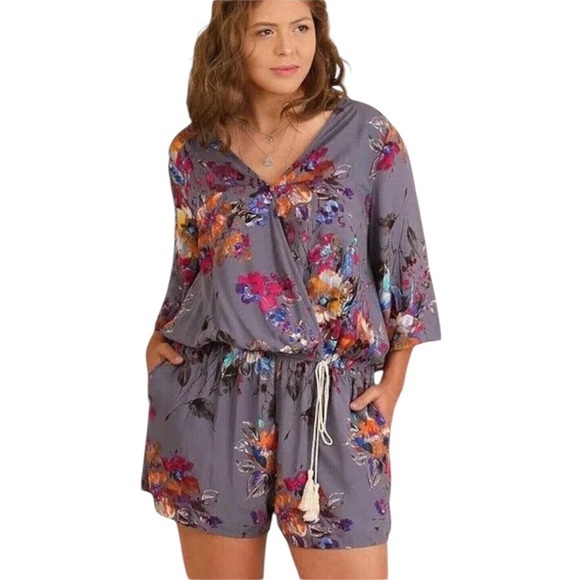 Umgee Pants - Umgee Women’s Purple Abstract Floral Faux Wrap Elastic Waist Romper XL